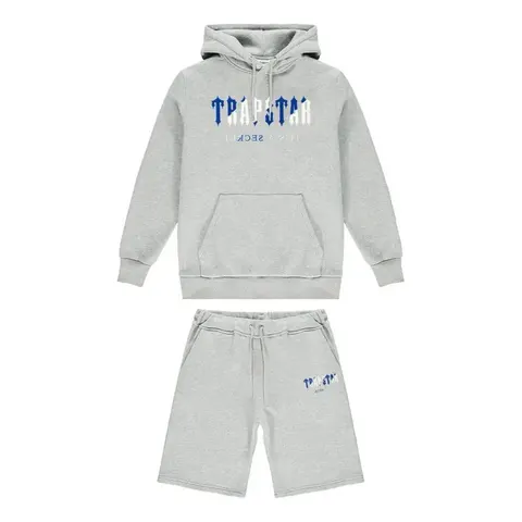 Trapstar Chenille Decoded Hoodie Short Set — Grey/Dazzling Blue